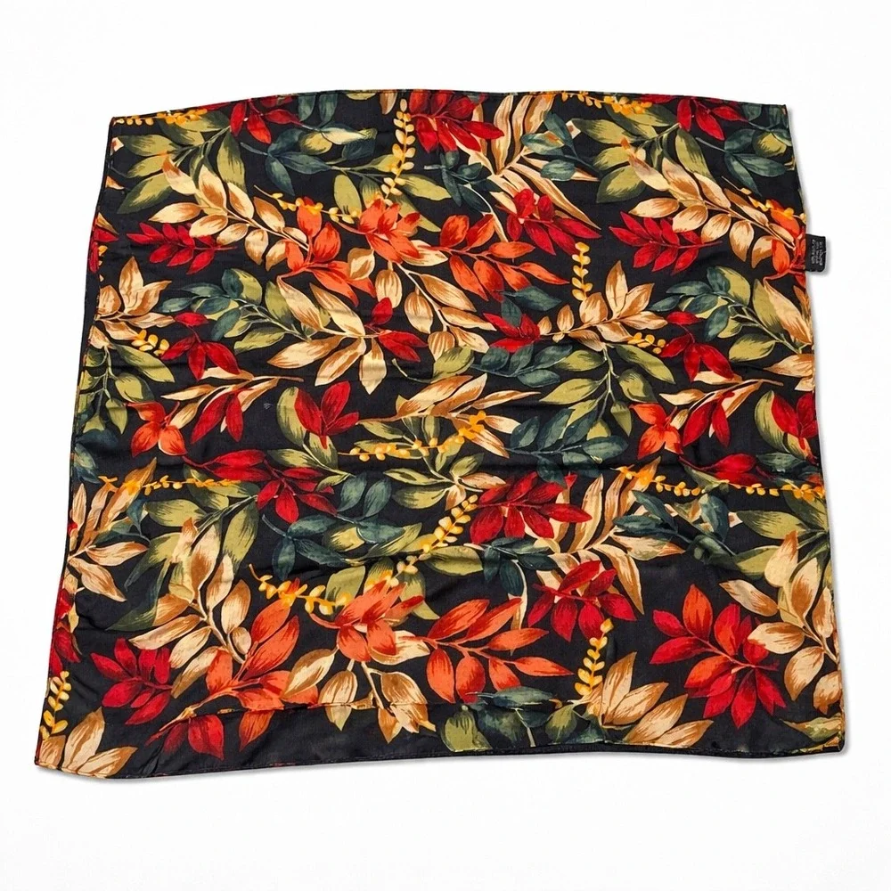 Cejon Floral Scarf Black Botanical Print Square‎ Fall Leaves Korea 21x17